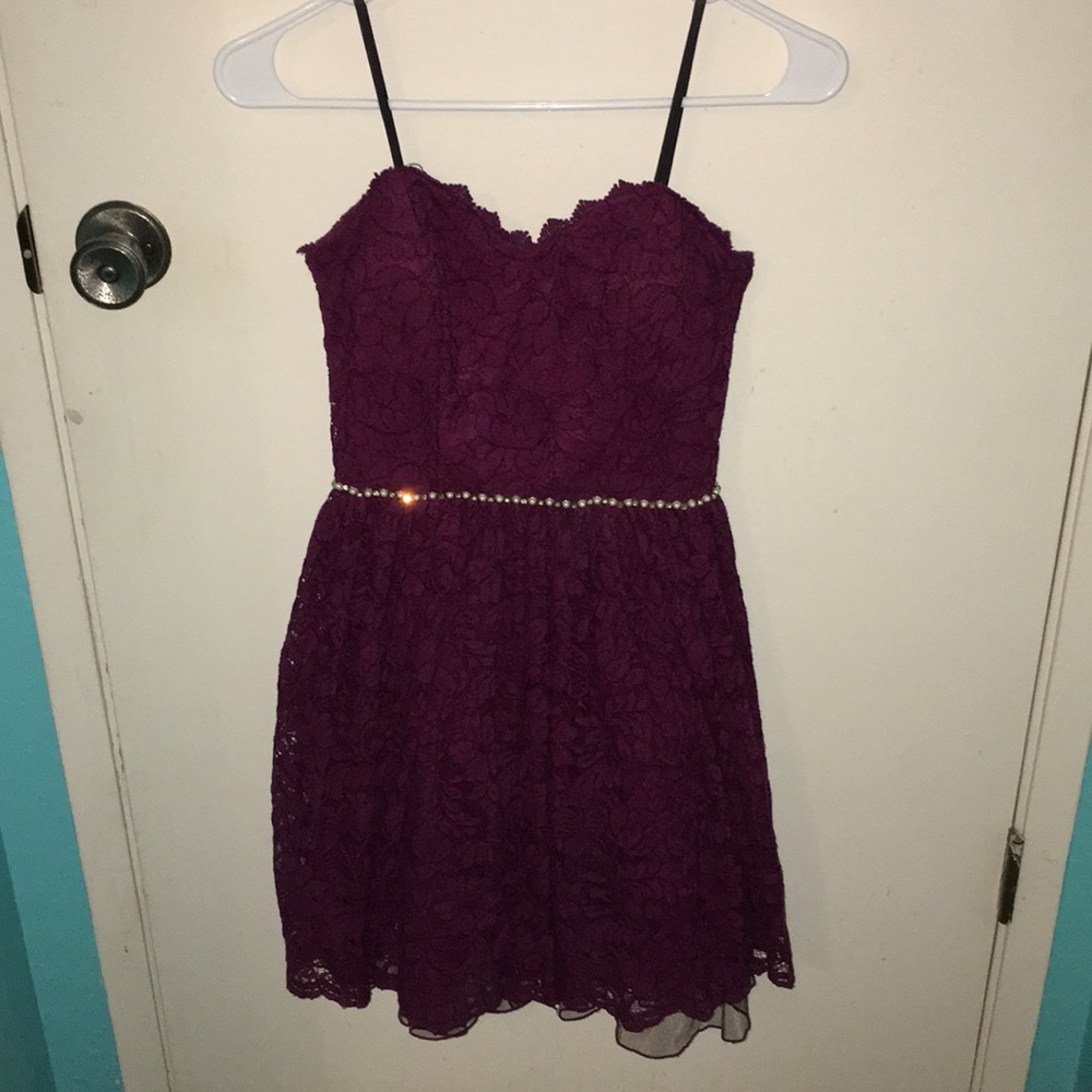 Burgundy lace and pearl dress